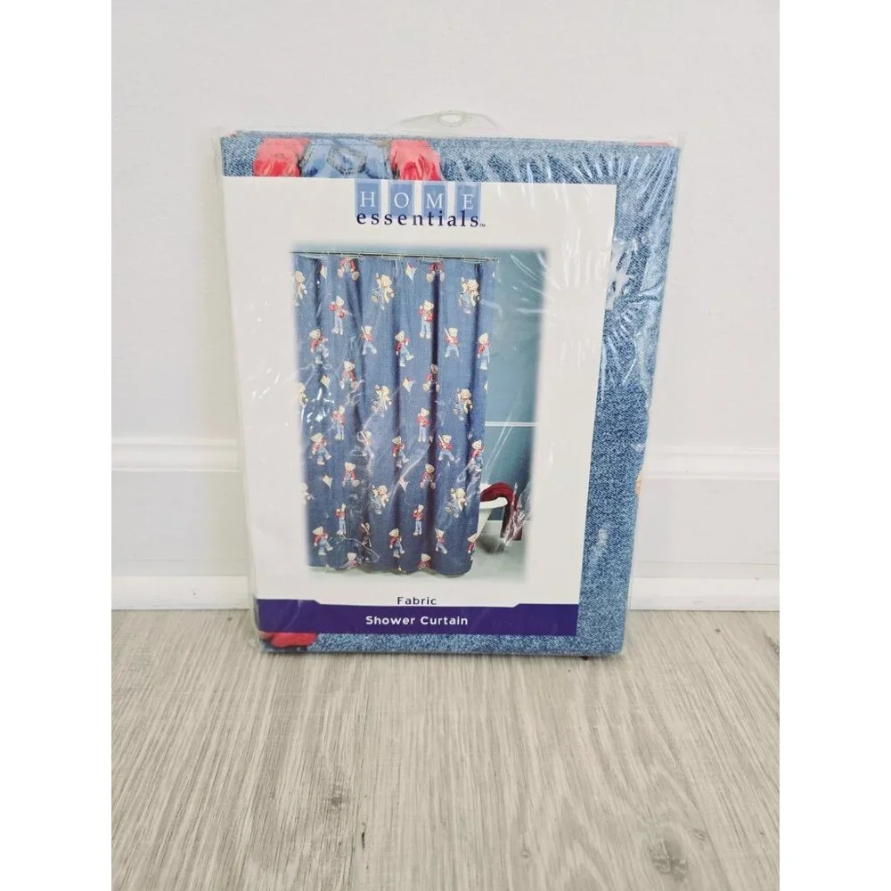 Home Essentials Blue Jean Teddy Bear Fabric Vintage 90s Shower Curtain Polyester